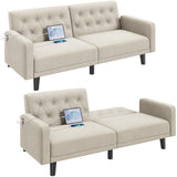 Yaheetech 63" Convertible Couch Small Futon Sofa Bed with 2 USB Ports, Reclining Backrest & Removable Armrests, Mid Century Modern Loveseat for Living Room, Apartment, Office, Beige Yaheetech