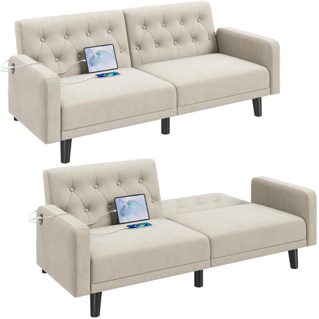 Yaheetech 63" Convertible Couch Small Futon Sofa Bed with 2 USB Ports, Reclining Backrest & Removable Armrests, Mid Century Modern Loveseat for Living Room, Apartment, Office, Beige Yaheetech