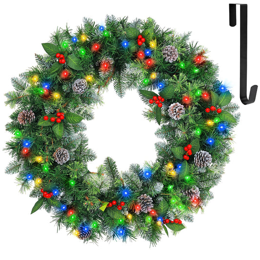 Hykolity 30 in. Pre-Lit Artificial Christmas Wreath with 100 Multicolor LED Lights, 232 Branch Tips, Battery Operated Wintry Pine Wreath with Timer & Hanger, Adorned with Pinecones & Berries for Decor