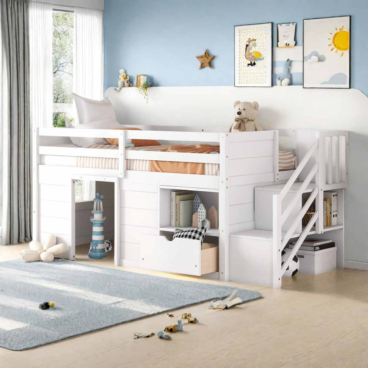 Osparple Twin Size Low Loft Bed, Kids Bed Frame with Shelf, Drawer and Stairs for Girls, Boys, Loft Bed with Storage, Strong Wood Slats Support, White Osparple