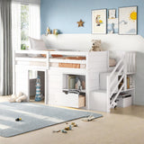 Osparple Twin Size Low Loft Bed, Kids Bed Frame with Shelf, Drawer and Stairs for Girls, Boys, Loft Bed with Storage, Strong Wood Slats Support, White Osparple