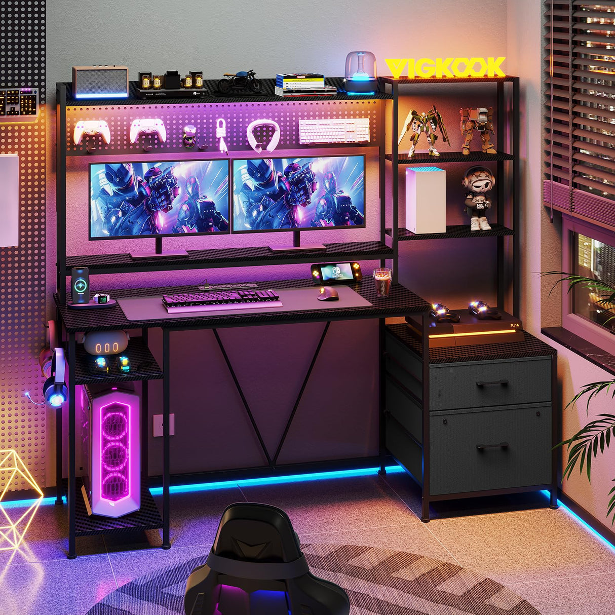 VIGKOOK 65in Gaming Desk with Hutch, RGB LED Lights, Power Outlets, and Ample Storage in Carbon Fiber Black VIGKOOK