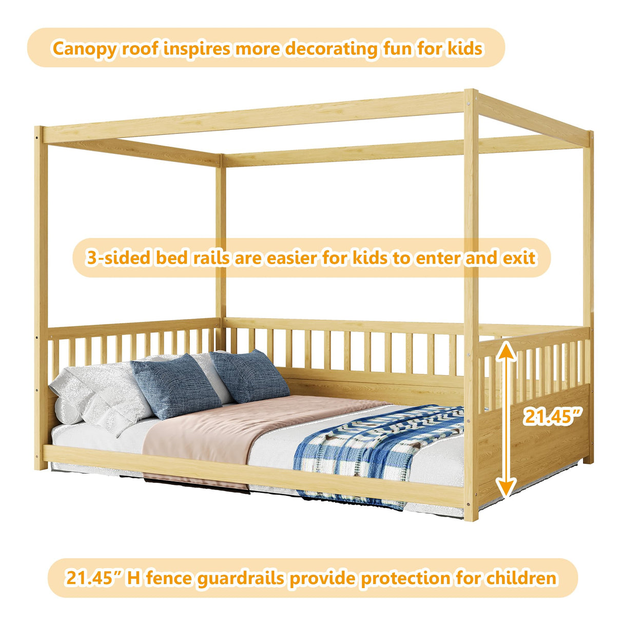 Full Size Canopy Bed Frame with 4 Posters and Guardrails, Full Size Montessori Floor Bed with High Fence, Natural Bellemave