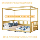 Full Size Canopy Bed Frame with 4 Posters and Guardrails, Full Size Montessori Floor Bed with High Fence, Natural Bellemave