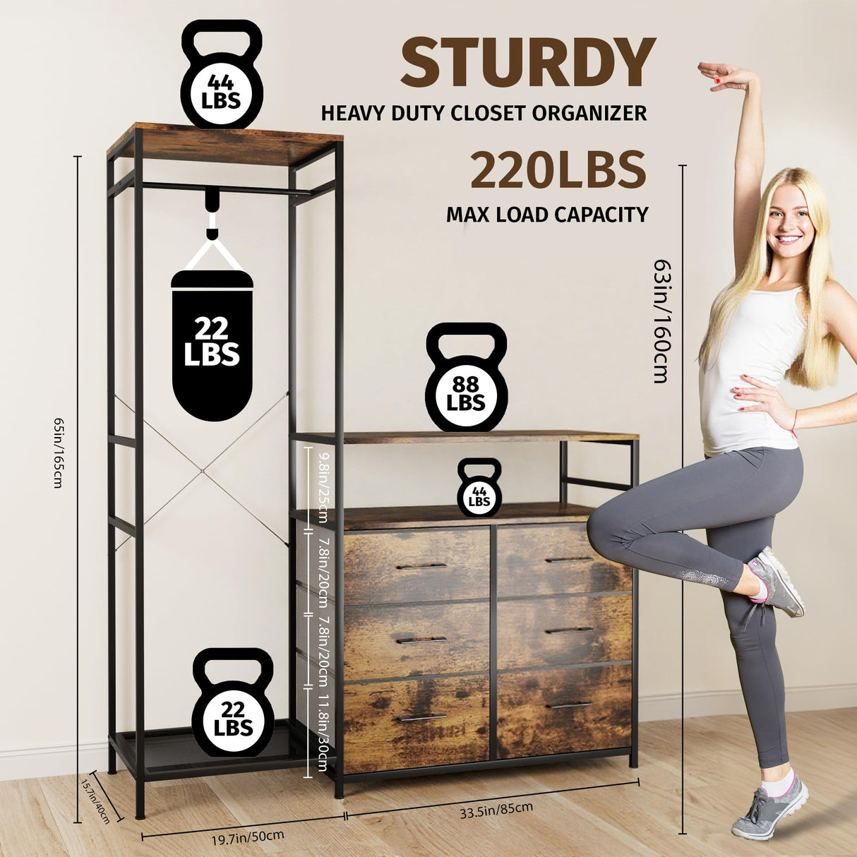 Famovoneer Heavy Duty Garment Rack with Fabric Drawers and LED Light, Freestanding Portable Closet Wardrobe Systems with Shelves for Bedroom, Entryway, Apartment Famovoneer