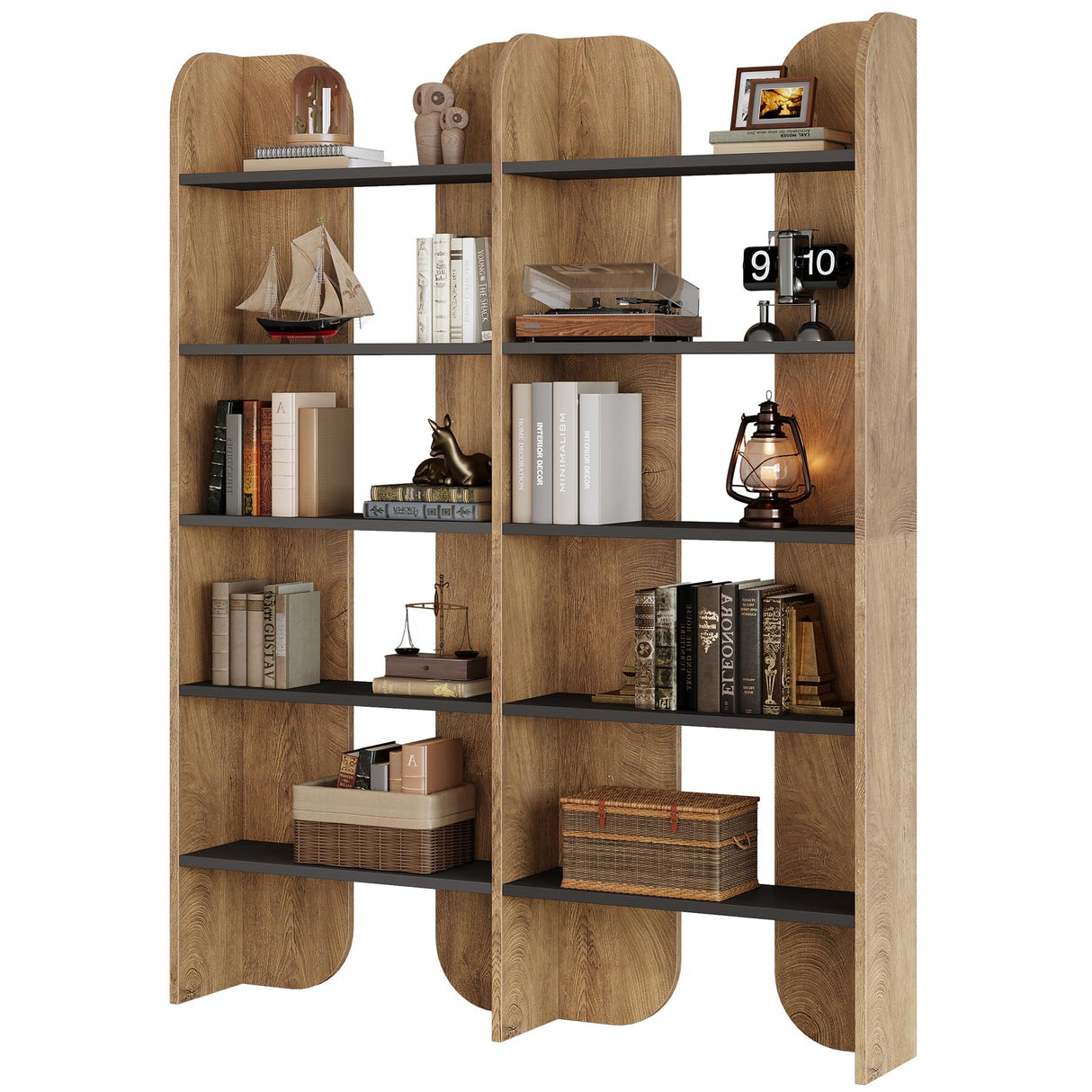 Tribesigns 70.87" Tall Farmhouse Bookshelf, 5-Tier Double Wide Bookcase with Open Shelves, Vintage Bookshelf for Living Room, Office, Study Room, Bedroom (1, Brown+Black) Tribesigns