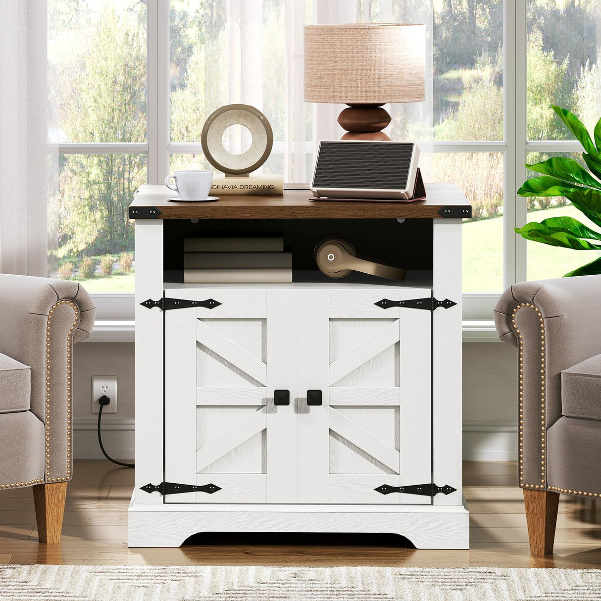 HOOBRO Farmhouse End Table with Charging Station, 23.6" Large End Tables for Living Room, Sofa Side Table with Barn Door, Wooden Square Nightstand Bedside Table, Flip Top, White and Walnut WH601UBZ01 HOOBRO