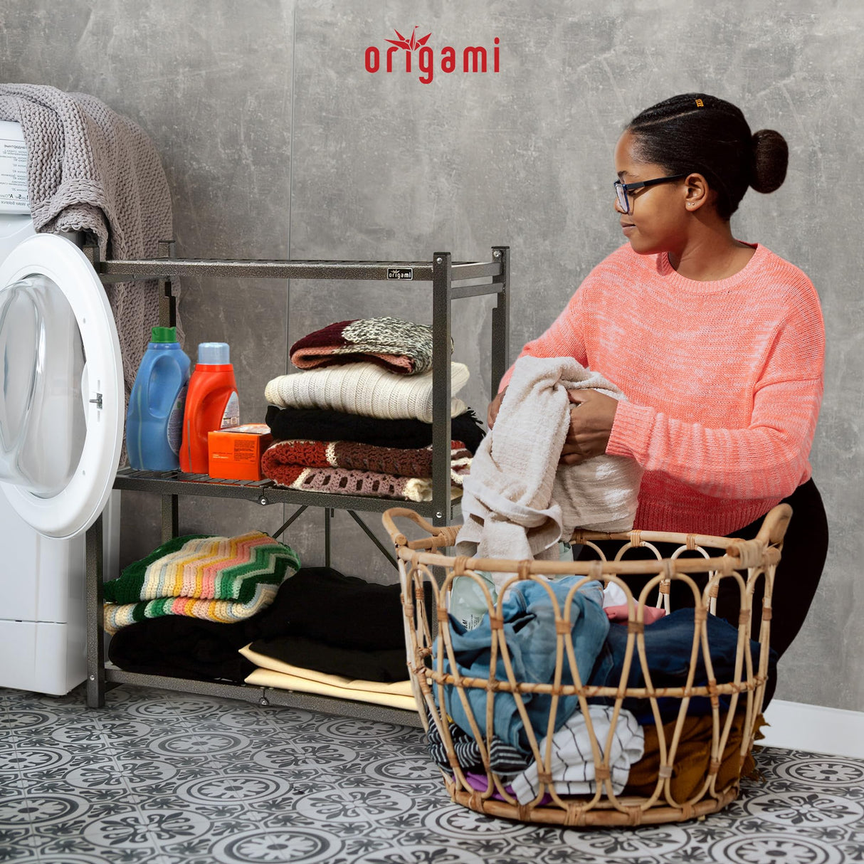 Origami 3 Tier Folding Shelves, Storage Shelving Rack Unit With Wheels, Pewter Origami