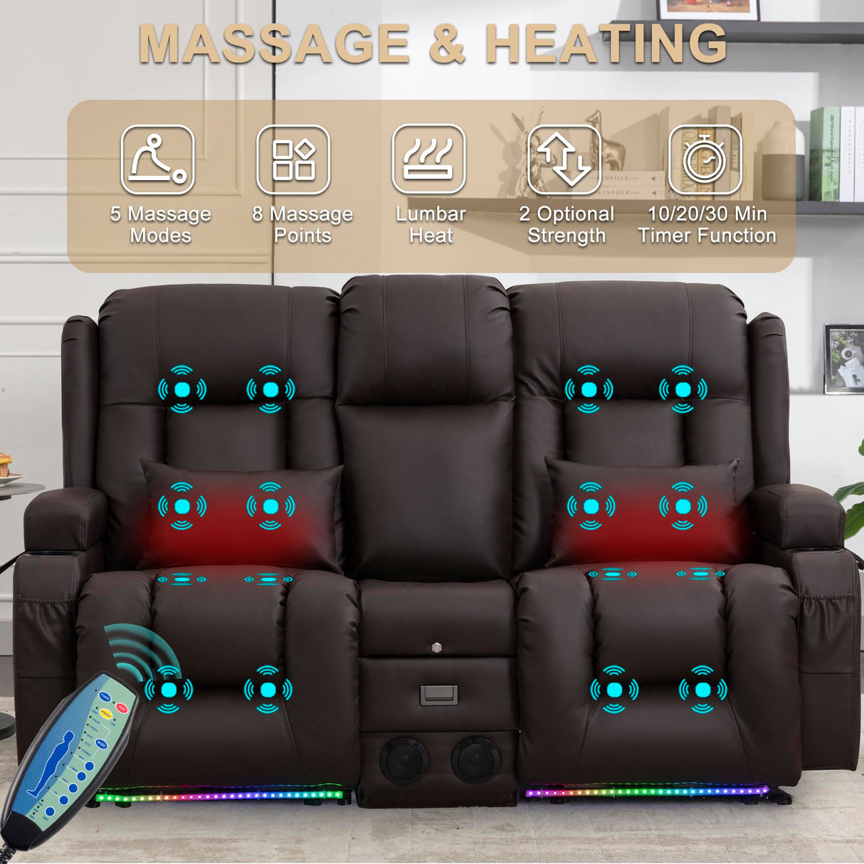 URRED Loveseat Recliner Sofa with Massage and Heat, Power Reclining Loveseat Sofa RV Couch with Console, Home Theater Seating with LED Lights, Bluetooth Speaker, USB, Outlets, Faux Leather, Dark Brown URRED