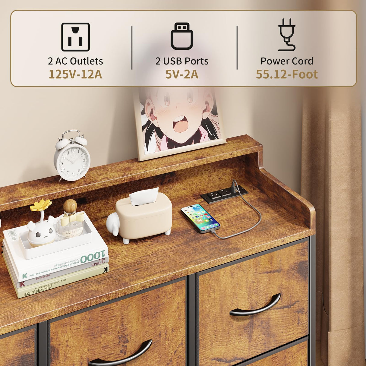 Leadpro Dresser for Bedroom with 6 Drawers, LED TV Stand Dresser with Charging Station, Chest of Fabric Drawers with Side Hooks, Dresser Storage Organizer for Closet Living Room Hallway (Rustic Brown) Leadpro