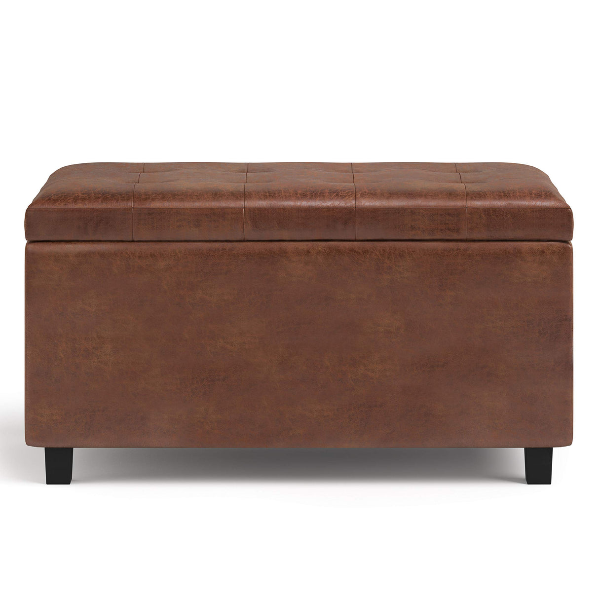 SIMPLIHOME Cosmopolitan Wide Transitional Rectangle Storage Ottoman Vegan Faux Leather, Assembled, for The Living, Entryway and Family Room, 34 inch, Distressed Saddle Brown SIMPLIHOME