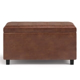 SIMPLIHOME Cosmopolitan Wide Transitional Rectangle Storage Ottoman Vegan Faux Leather, Assembled, for The Living, Entryway and Family Room, 34 inch, Distressed Saddle Brown SIMPLIHOME