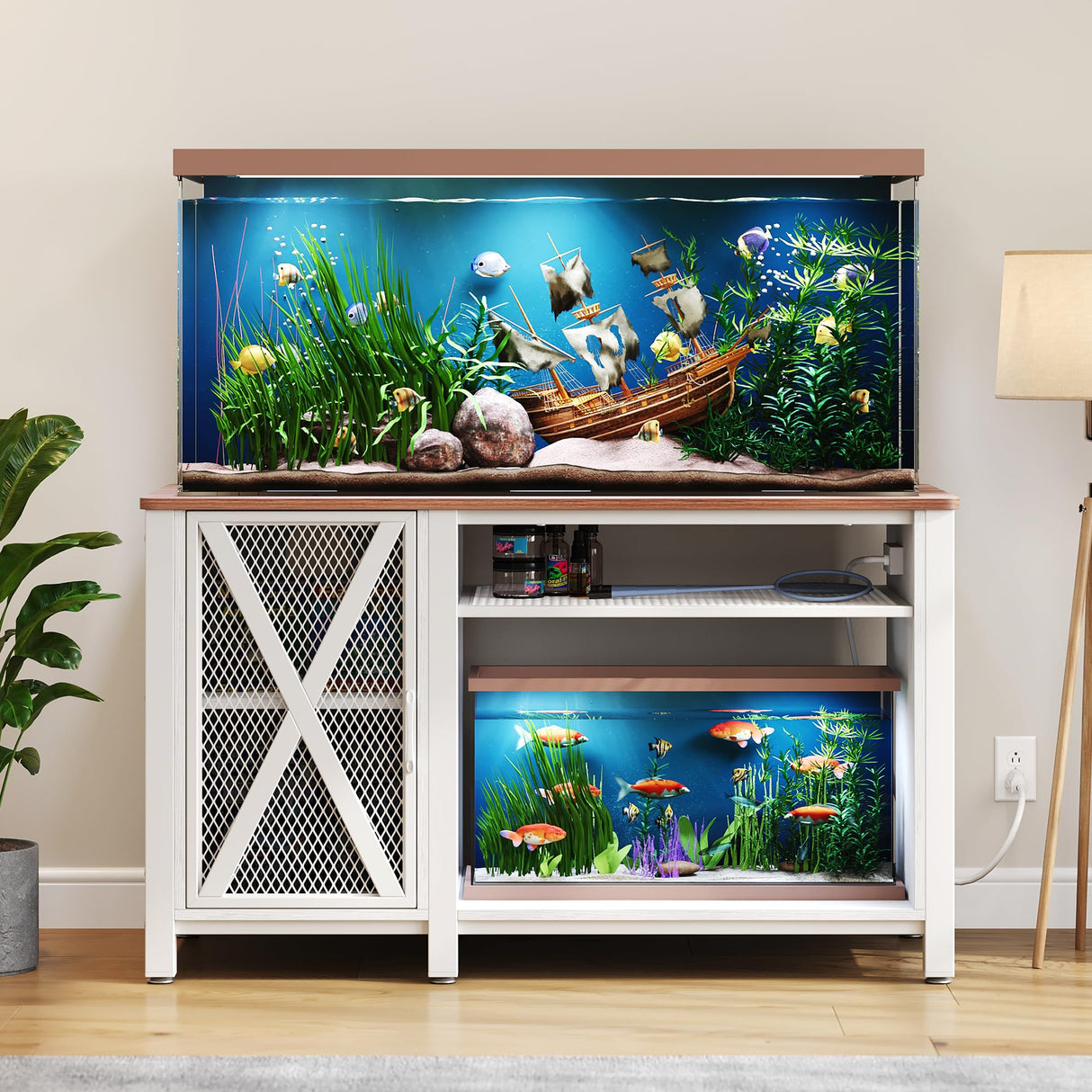 DWVO Heavy Duty Metal Aquarium Stand with Power Outlets, Cabinet for Fish Tank Accessories Storage - Suitable for 55-75 Gallon Fish Tank Stand, Turtle Tank, 860LBS Capacity, White & Walnut DWVO