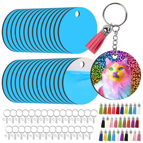 HTVRONT Sublimation Keychain Blanks Bulk - 120Pcs Sublimation Blanks Keychain with Blue Protective Film - MDF Round Keychain with Tassels - Heat Transfer Keychain Blanks Double Sided HTVRONT