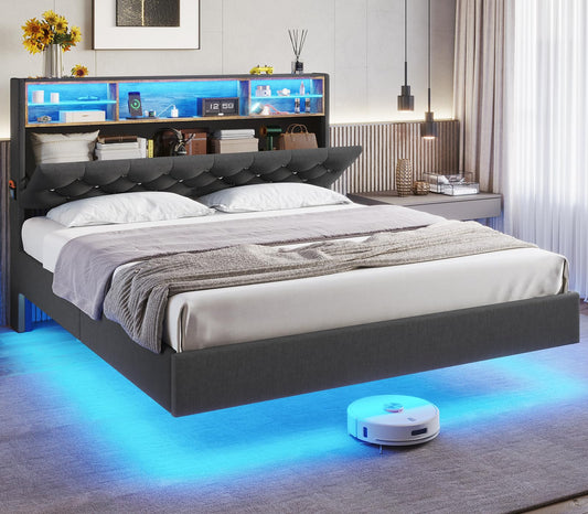 ADORNEVE Full Floating Bed Frame with Storage Headboard and RGB LED Lights, Linen Upholstered Platform Floating Bed with USB-C/A Charging Station,Innovative Stable Structure,Dark Gray