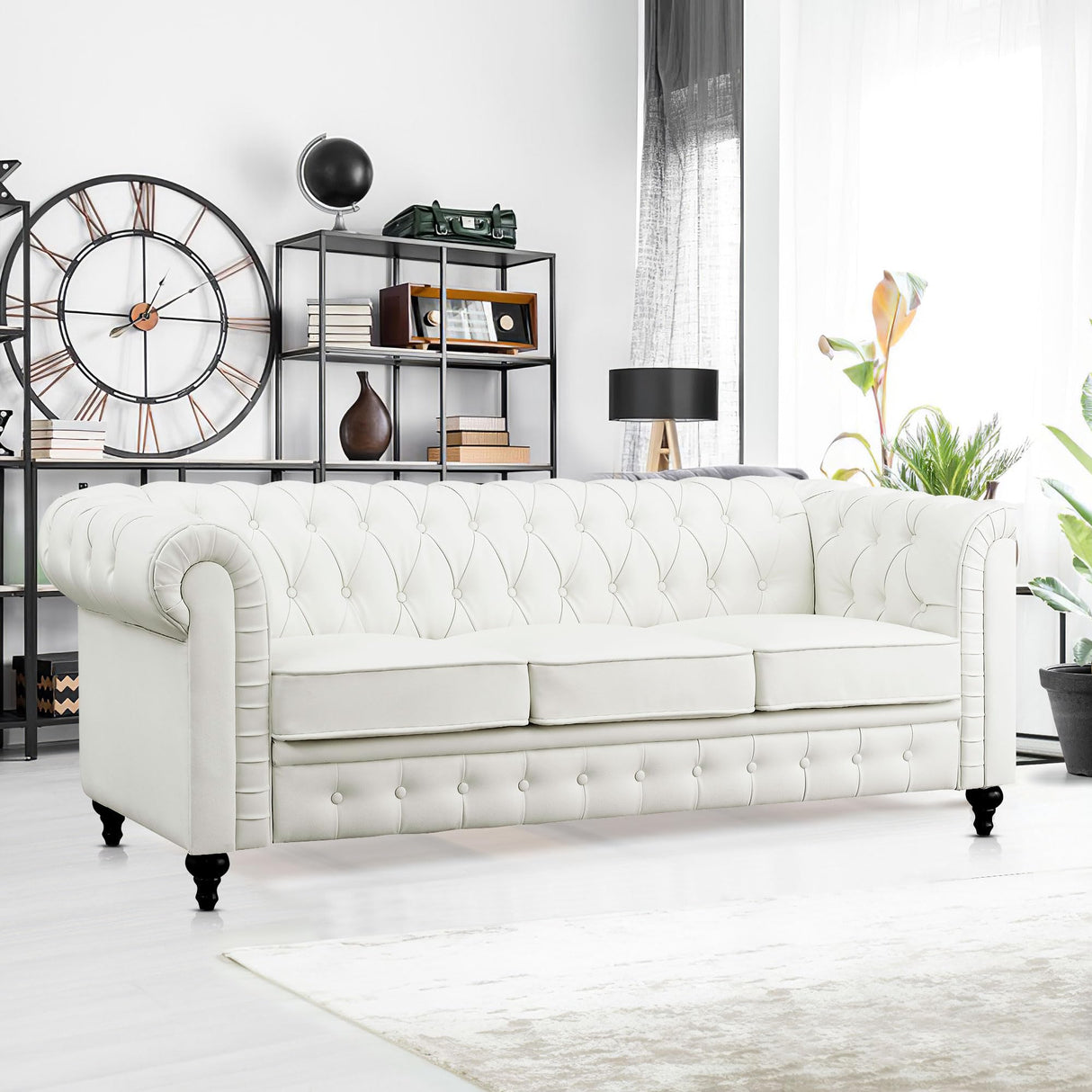 Naomi Home Emery Chesterfield Sofa with Rolled Arms, Tufted Cushions / 3 Seater Sectional Sofa Couch for Small Spaces, Living Room, Bedroom, Apartment Easy Tool-Free Assembly – Off White Naomi Home