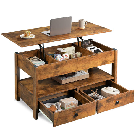 WLIVE Coffee Table, Lift Top Coffee Table with 2 Drawers, Large Storage and Open Shelf, Lift Tabletop for Living Room, Rustic Brown WLIVE