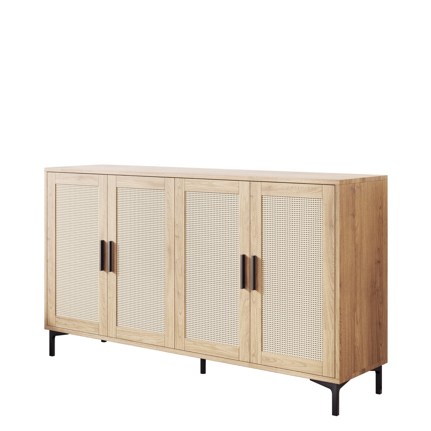 Sideboard - Kitchen Buffet Cabinet with Rattan Decorated Doors, 4 Doors Accent Sideboard Cabinet, Coffee Bar Cabinet Rattan Sideboard for Dining Room, Kitchen, Hallway, Cupboard Console Table,Natural