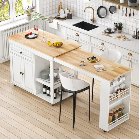 JassmiPkwy 77.8'' Rolling Kitchen Island with Extendable Dining Table for 2-4, 2 in 1 Kitchen Islands Cart on Wheels, Storage Cabinet with Drawer, 2-Tier Storage Shelf, White JassmiPkwy