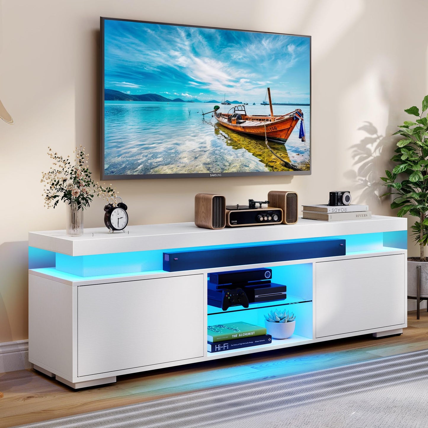 DWVO White TV Stand with LED Lights and Power Outlet, Modern Entertainment Center for 55/60/65 Inch, Media Console Table TV Cabinet with Storage, Universal TV Stand for Living Room