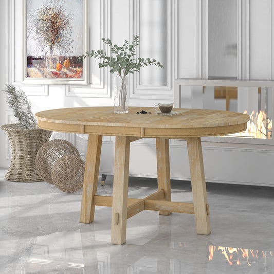 Quarte Farmhouse Round Extendable Dining Table with 16" Leaf Wood Kitchen Table - WoodArtSupply