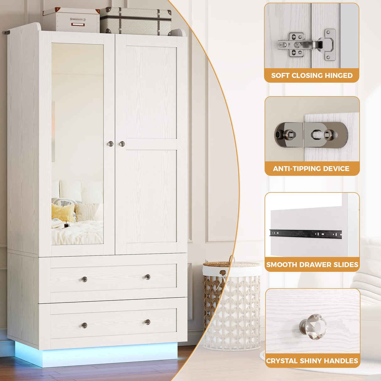 IRONCK Wardrobe Closet with LED Light & Mirror, Wooden Modern Armoire with 2 Drawers and Hanging Rod, Large Capacity Storage Closet for Bedroom, White IRONCK