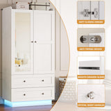 IRONCK Wardrobe Closet with LED Light & Mirror, Wooden Modern Armoire with 2 Drawers and Hanging Rod, Large Capacity Storage Closet for Bedroom, White IRONCK
