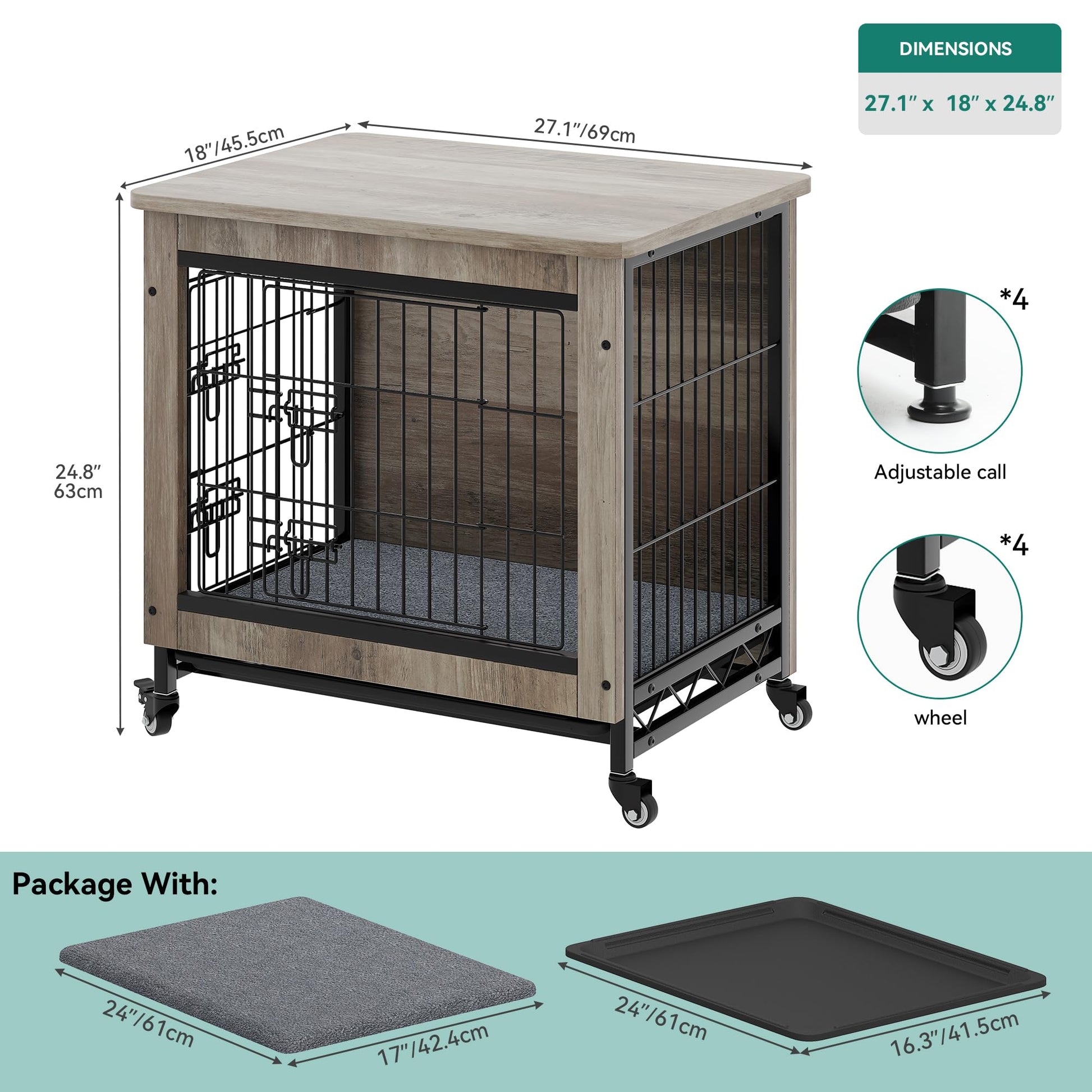 YITAHOME Dog Crate Furniture with Cushion, Dog Kennel Indoor with Wheels, Dog Crate End Table with Tray, 27" Dog Cage with Double Doors for Small Dog (Gray) - WoodArtSupply