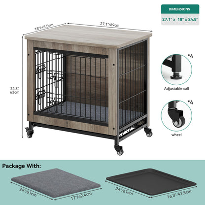 YITAHOME Dog Crate Furniture with Cushion, Dog Kennel Indoor with Wheels, Dog Crate End Table with Tray, 27" Dog Cage with Double Doors for Small Dog (Gray) - WoodArtSupply