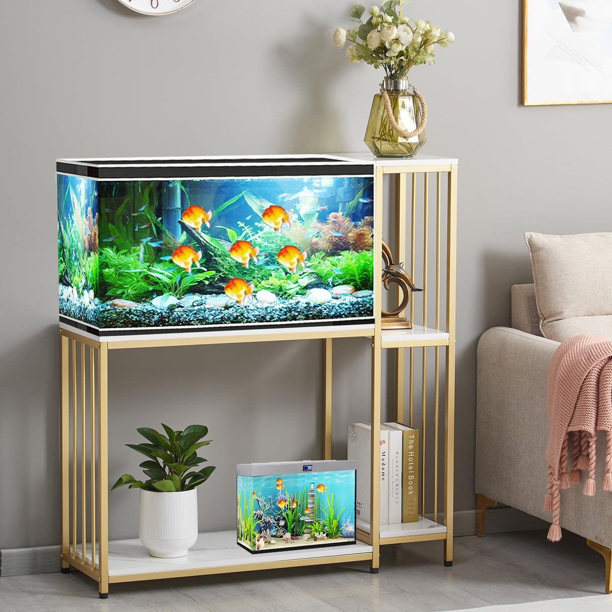 GOLASON Fish Tank Stand for up to 29 Gallon Aquarium, Reptile Terrariums Tank Stand, Metal Wooden Aquarium Stand, Gold GOLASON