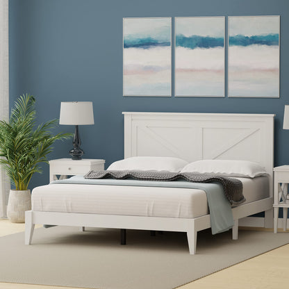 Farmhouse Solid Wood Queen Platform Bed in Gloss White by Glenwillow Home - WoodArtSupply