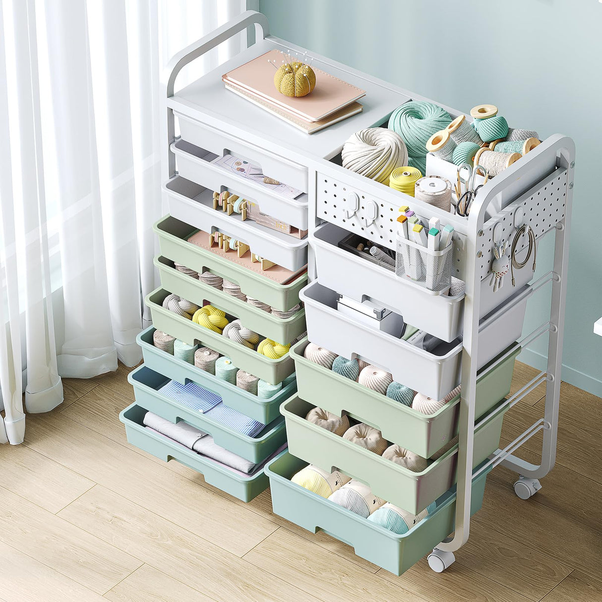 SYKIARIOL 14 Drawer Rolling Cart with Tabletop & DIY Pegboard, Storage Cart with Wheels, Classroom Organizers Utility Cart for Office Home School, Art Supplies, Mobile Craft Organizer, Green SYKIARIOL