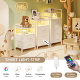 Night Stand Bedside Table Bedroom - Nightstand with Charging Station & LED Light Strip, Bed Side Table with Storage Shelf & 2 Fabric Drawers, Morden White End Table with U-S-B Ports & AC Outlets Lazzanto