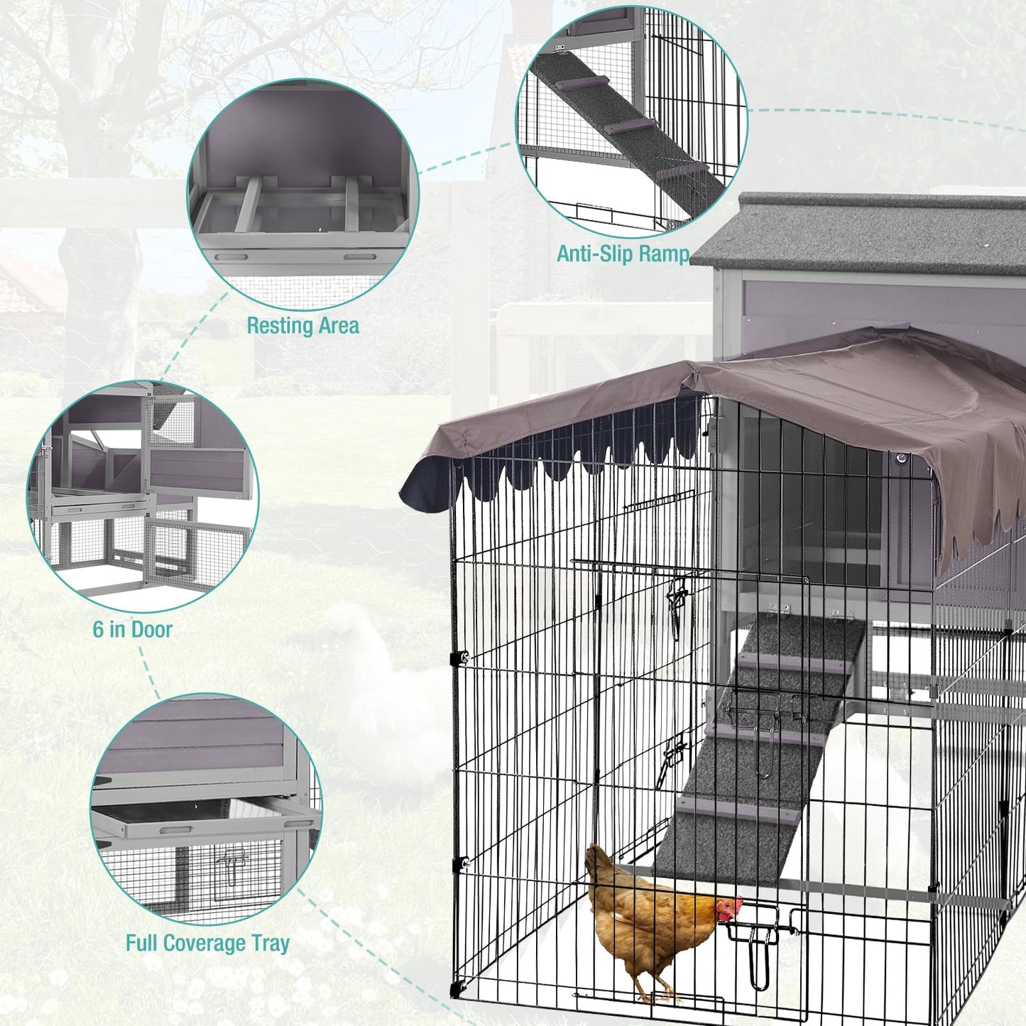 SUUMERPETY Chicken Coop Outdoor,Wooden Chicken House with Metal Chicken Run,Mobile Hen House with Nesting Box,Outdoor Poultry Cage for Yard Farm Use