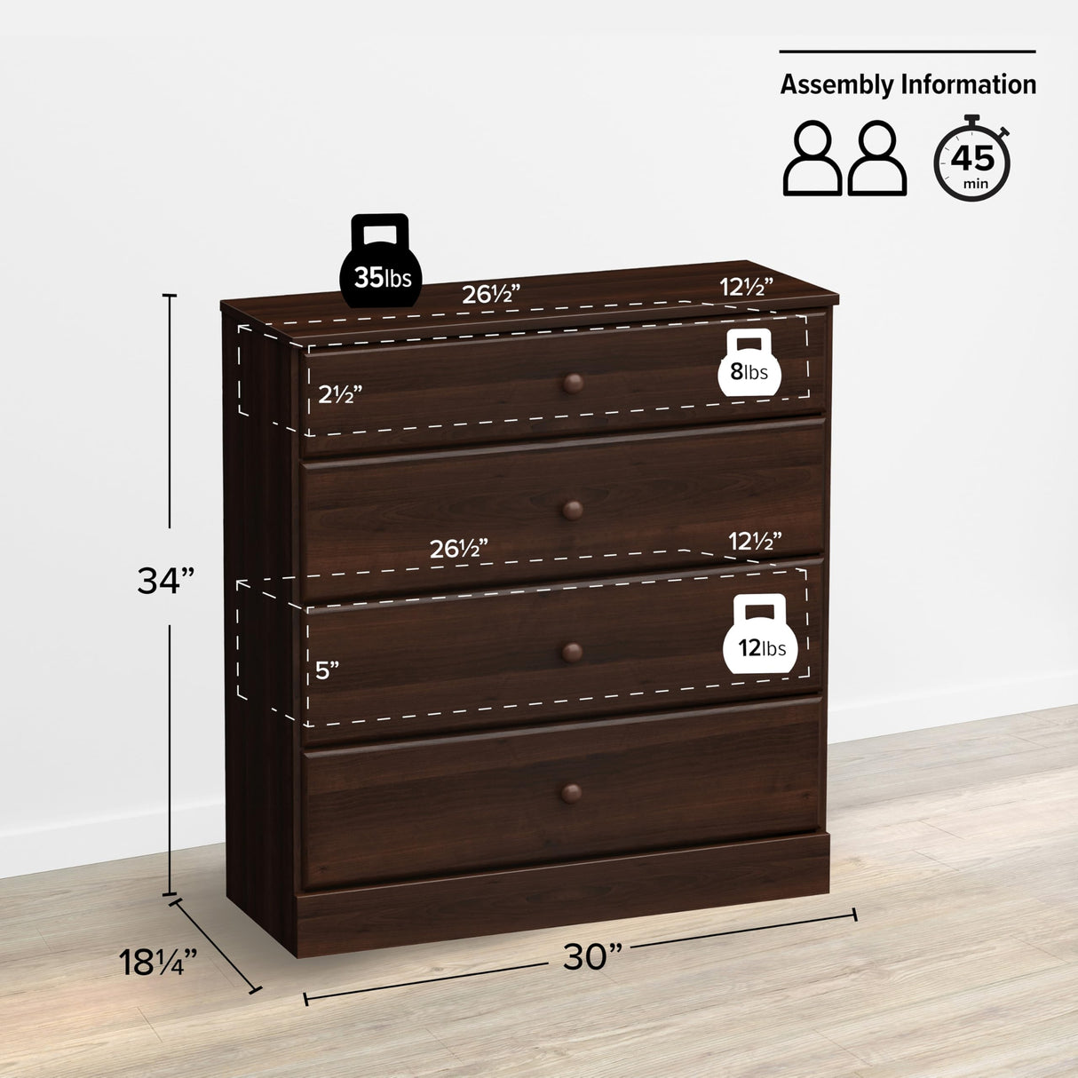 Prepac Astrid Simplistic 4-Drawer Dresser for Bedroom, Functional Bedroom Dresser Chest of Drawers 18.25" D x 30" W x 34" H, Espresso, EDBR-0401-1 Prepac