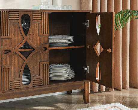 LKTART 60" Mid Century Modern Sideboard Buffet with Hollow Carved Doors and Outlet Holes,Vintage Accent Cabinet Credenzas Storage Cabinet Walnut LKTART