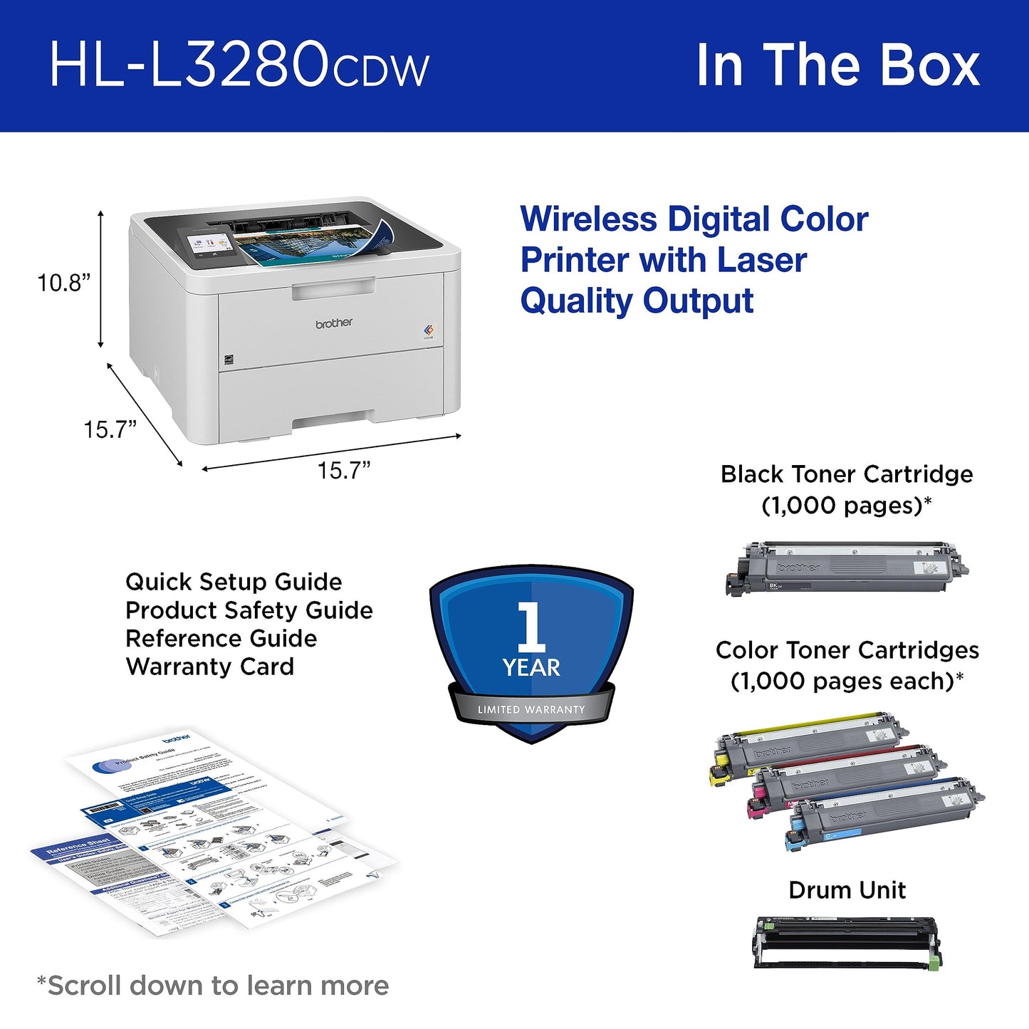 Brother HL-L3280CDW Wireless Compact Digital Color Printer with Laser Quality Output, Duplex, Mobile Printing & Ethernet | Includes 4 Month Refresh Subscription Trial¹, Amazon Dash Replenishment Ready