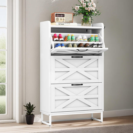 DWVO Farmhouse Shoe Storage Cabinet with 3 Flip Drawers, Slim Shoe Cabinet for Up to 24 Pairs, Narrow Shoe Rack for Entryway, Living Room, Hallway (White) DWVO