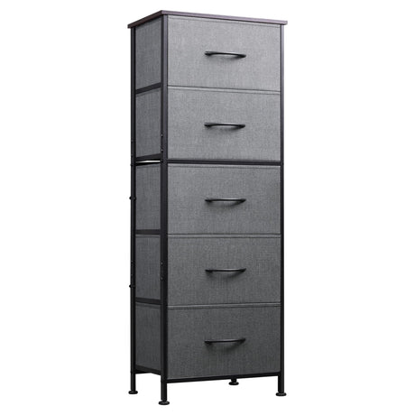 WLIVE Fabric Dresser, 5-Drawer Tall Dresser for Bedroom, Storage Dresser Organizer with Fabric Bins, Wood Top, Sturdy Steel Frame, Chest of Drawers for Closet, Hallway, Dark Grey WLIVE