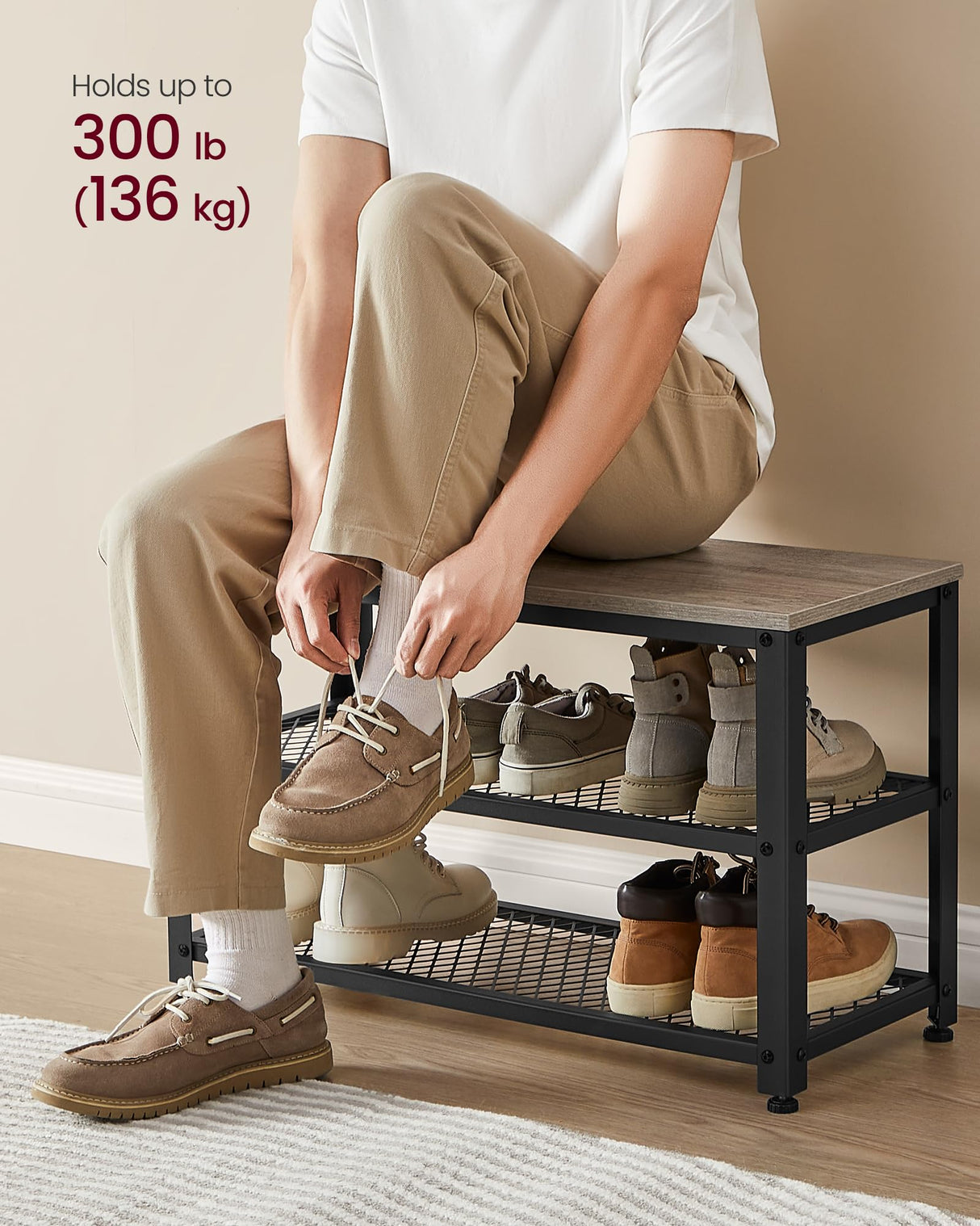 VASAGLE Coat Rack Shoe Bench Set, Hall Tree with Bench, Entryway Furniture, Multifunctional, Dot Coat Hooks, 2-Tier Shoe Rack, Industrial Style, for Entryway, Hallway, Heather Greige ULCR073K02 VASAGLE