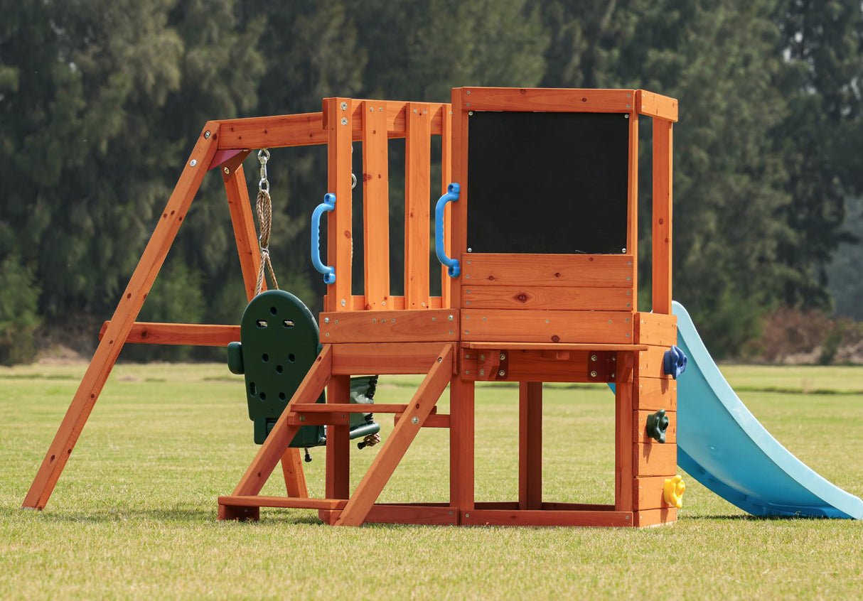 Dolphin Playground 5-in-1 Toddler Swing Sets for Backyard, Toddler Outdoor Playset with Baby Swing, Table, Blackboard, Kid Slide, Rock Climbing Wall, Playground Sets for Backyards Ages 18 mo to 4 yrs DOLPHIN PLAYGROUND T