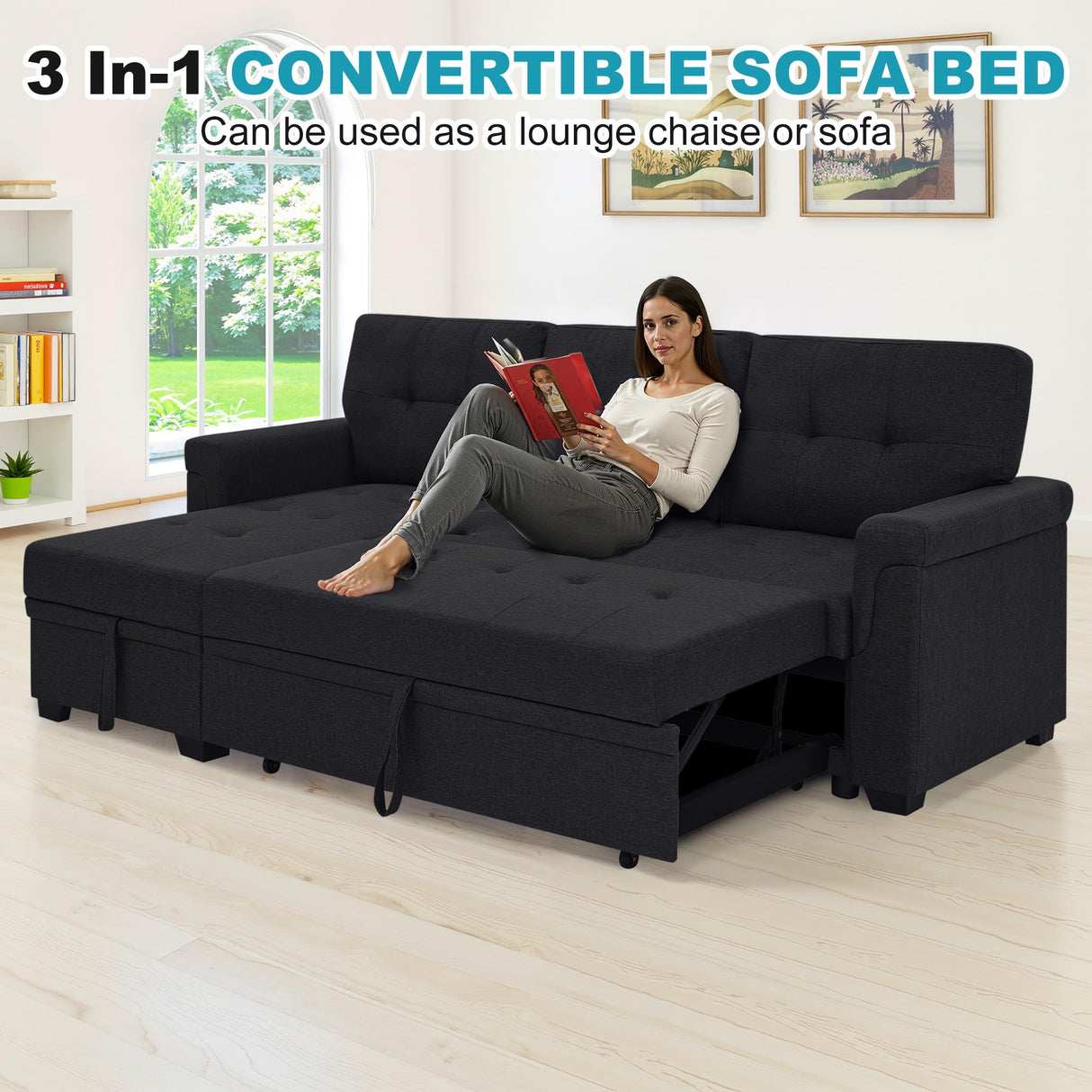 Lyngins L Shaped 3 Seat Sofa Bed with Storage, 86" Sleeper Sofa Couch with Pull Out Chaise Sectional Couch for Apartment, Bedroom, Living Room, Black Lyngins