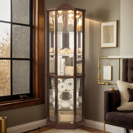 Lighted Corner Curio Cabinet with Tempered Glass Doors and Shelves, 72"H Glass Display Cabinet with Curved Top Carving, Light Bulb Included, Rack for Liquor Storage and Living Room (Dark Cherry) Eyisean