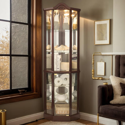 Lighted Corner Curio Cabinet with Tempered Glass Doors and Shelves, 72"H Glass Display Cabinet with Curved Top Carving, Light Bulb Included, Rack for Liquor Storage and Living Room (Dark Cherry)