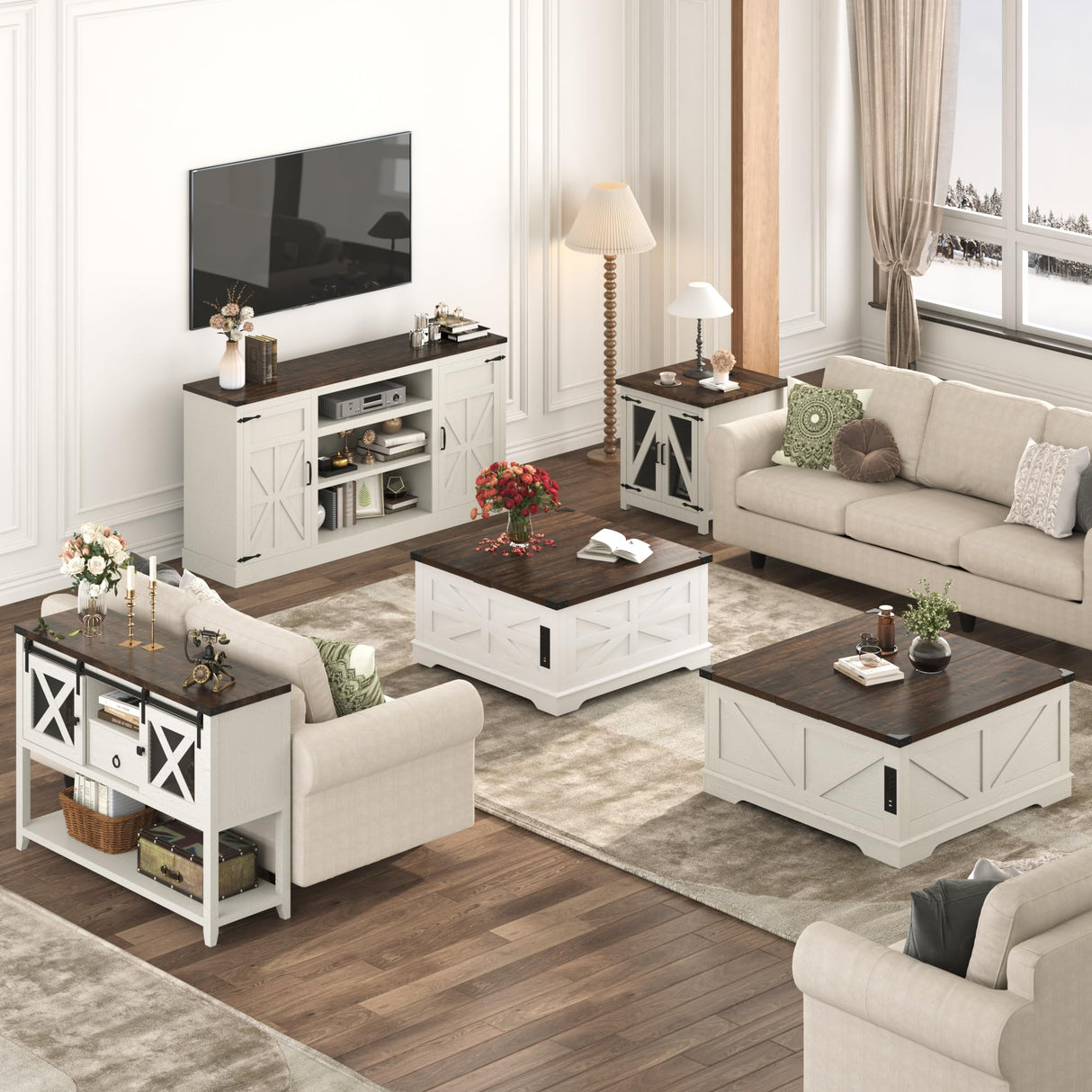 Hlivelood 40” Large Farmhouse Lift Top Coffee Table with Power Outlets and Large Hidden Storage, Square Wood Living Room Tables, Multi-Function Lift Wooden Barn Door Center Table, Rustic White Hlivelood