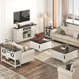 Hlivelood 40” Large Farmhouse Lift Top Coffee Table with Power Outlets and Large Hidden Storage, Square Wood Living Room Tables, Multi-Function Lift Wooden Barn Door Center Table, Rustic White Hlivelood