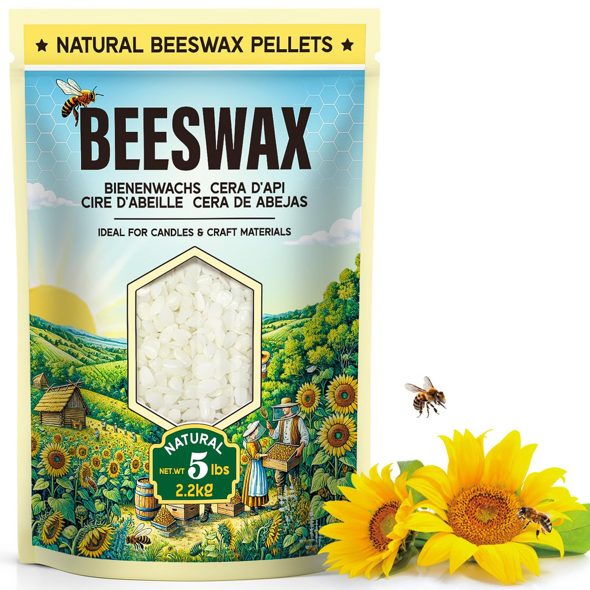 Beeswax Pellets for Candle Making – 5lb/10lb/20lb – Natural Beeswax for Candles, Lip Balms, and Skincare – White Beeswax for DIY Projects – Ideal for Beginners and Experts（5lb） UNOTENA