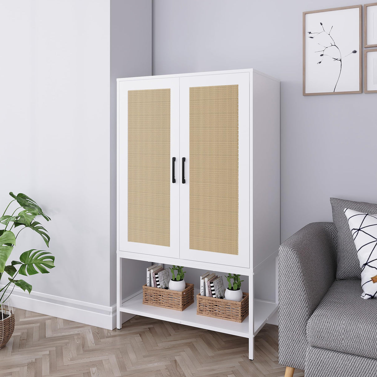 Gyger Wardrobe Closet with 2 Doors，Rattan Bedroom Armoires with Hanging Rod Freestanding Wooden Wardrobe Cabinet with Shelves,White Gyger