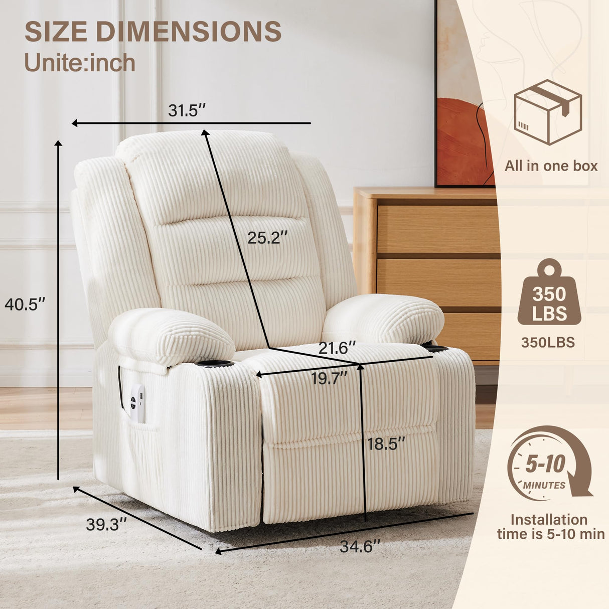 Hicosit Power Recliner Chair,Electric Reclining Chair for Adults,Adjustable Home Theater Seating Lounge,Recliners for Living Room,Bedroom with Charging Ports,Stripe White Hicosit