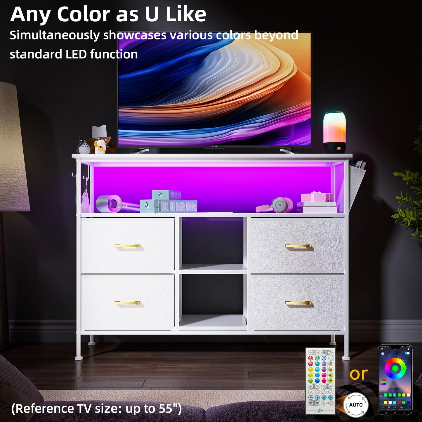 YILQQPER LED TV Stand with Power Outlet for Living Room, TV Media Console for TVs 50 Inch, Modern Dresser TV Stand with 4 Fabric Drawers & Shelves, Media Entertainment Center for Bedroom, White